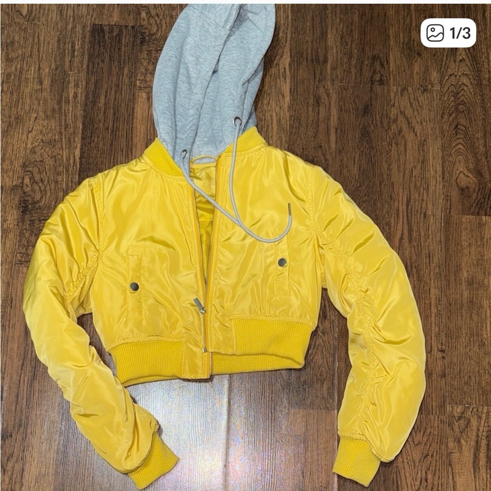 Forever 21 Yellow Bomber Jacket with Gray Hood